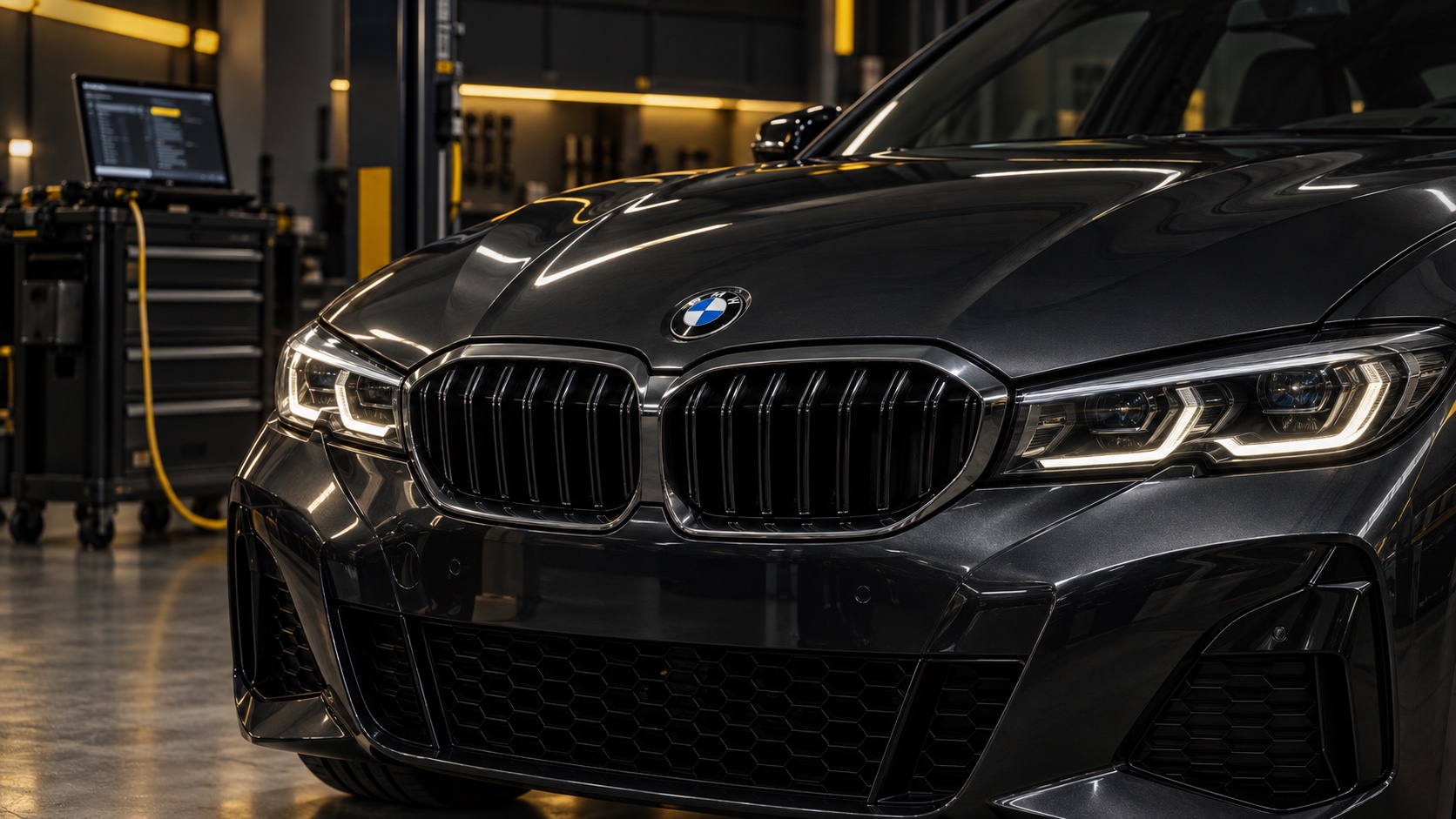 Передня права частина чорного BMW зі знаком на капоті в темному діагностичному сервісі з жовтими акцентами